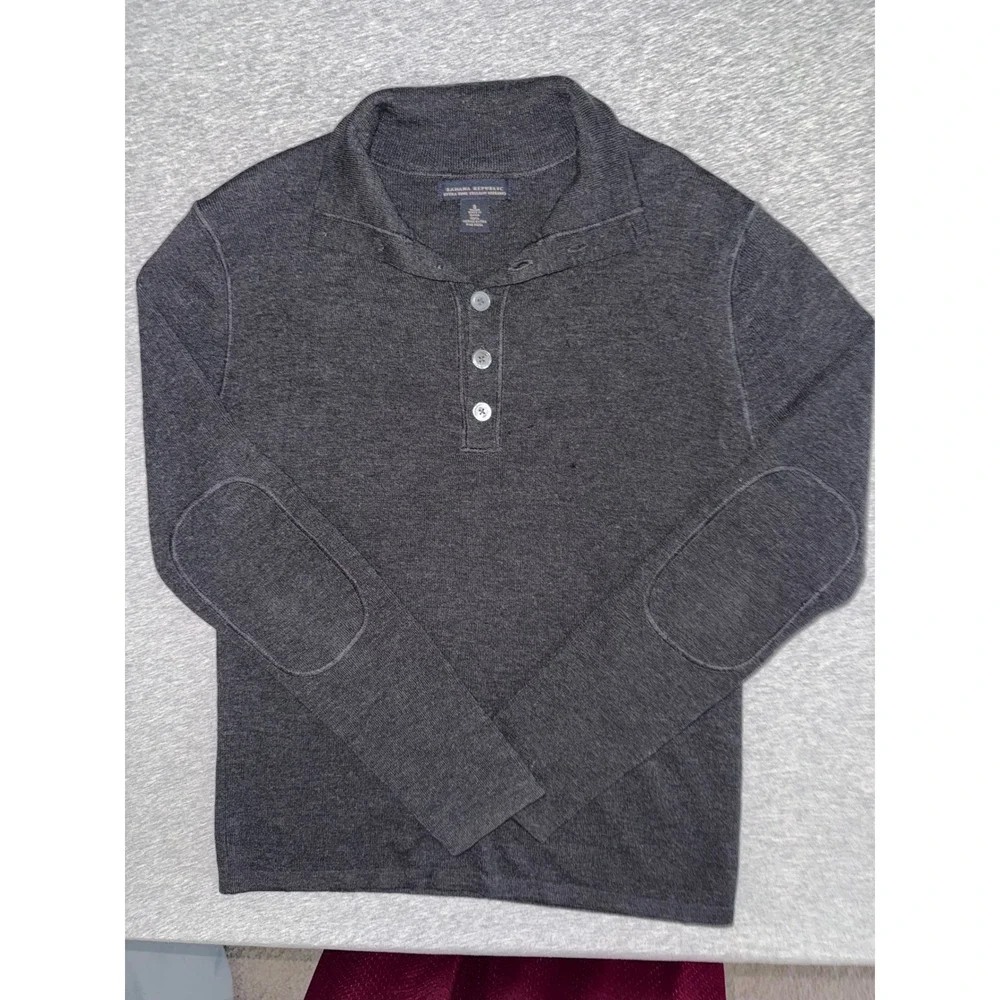 Banana Republic Mens Gray Merino Wool Henley Sweater Elbow Patch Size Small